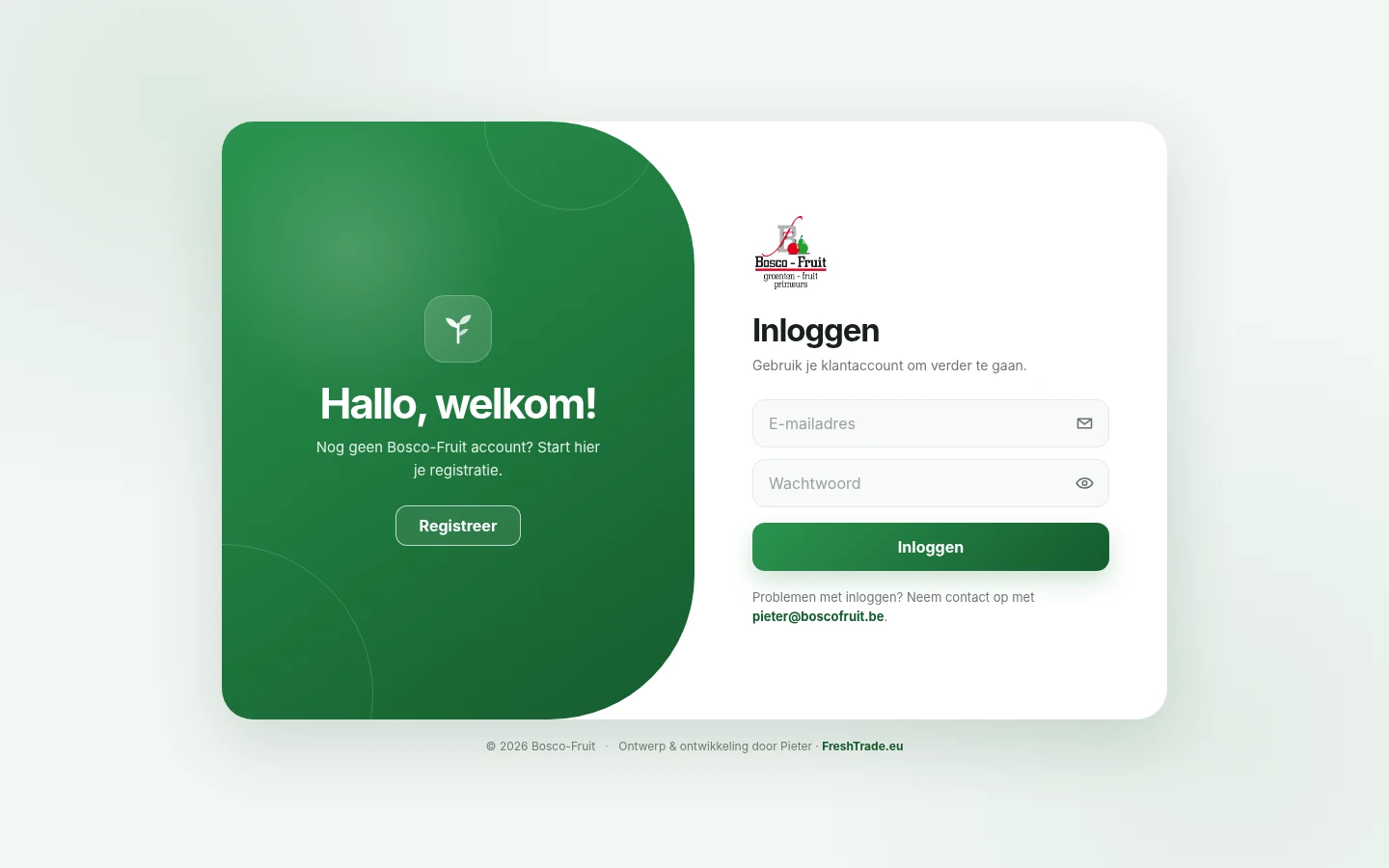 Echte schermafbeelding van de Bosco-Fruit login, met registratie en klanttoegang