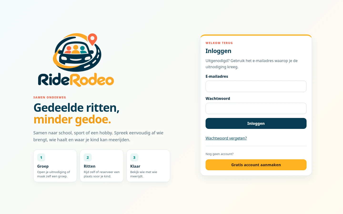Schermafbeelding van de RideRodeo-webapp: inloggen en informatie over samen rijden naar school en hobby's