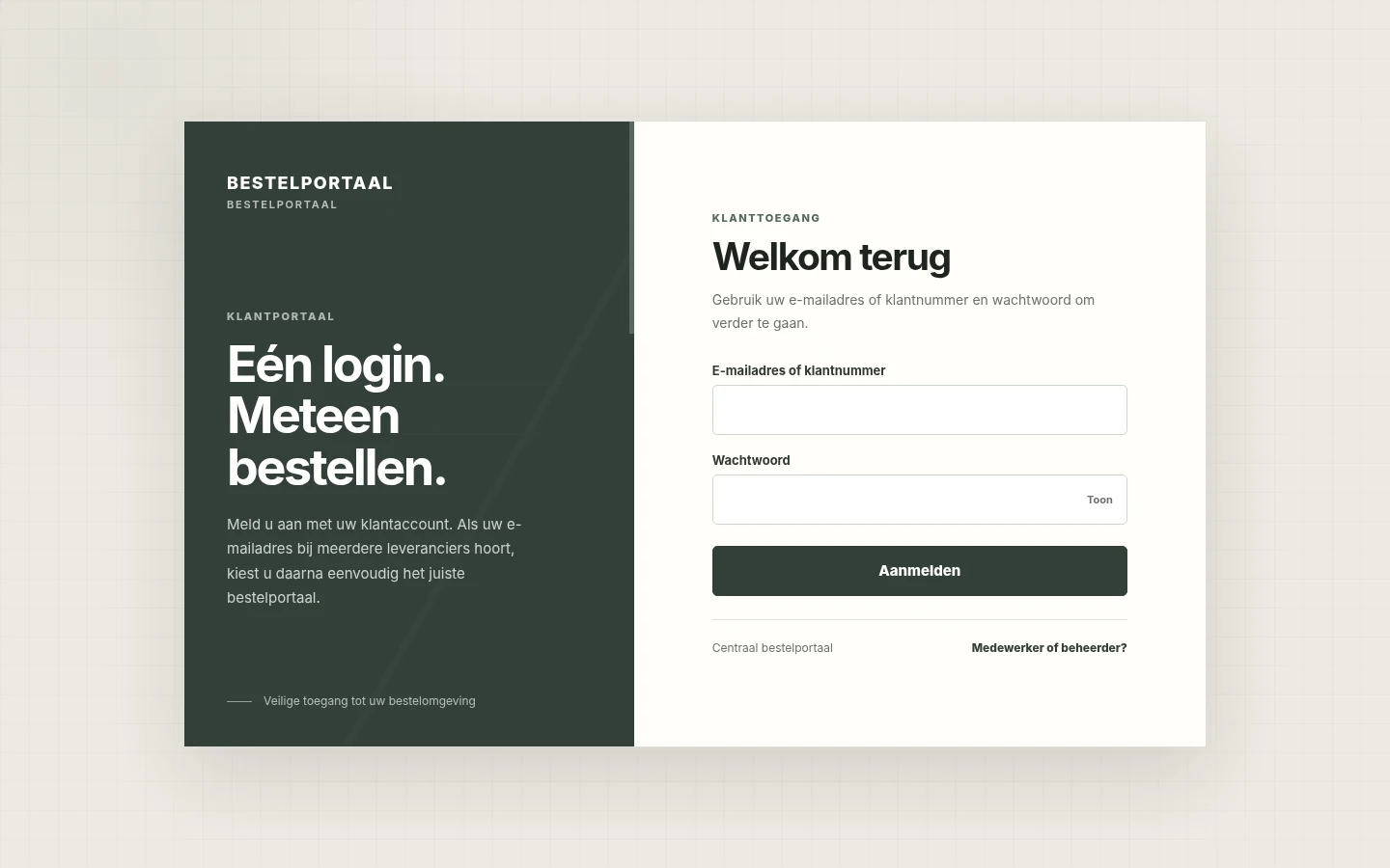 Echte schermafbeelding van de klantlogin van het B2B-bestelplatform
